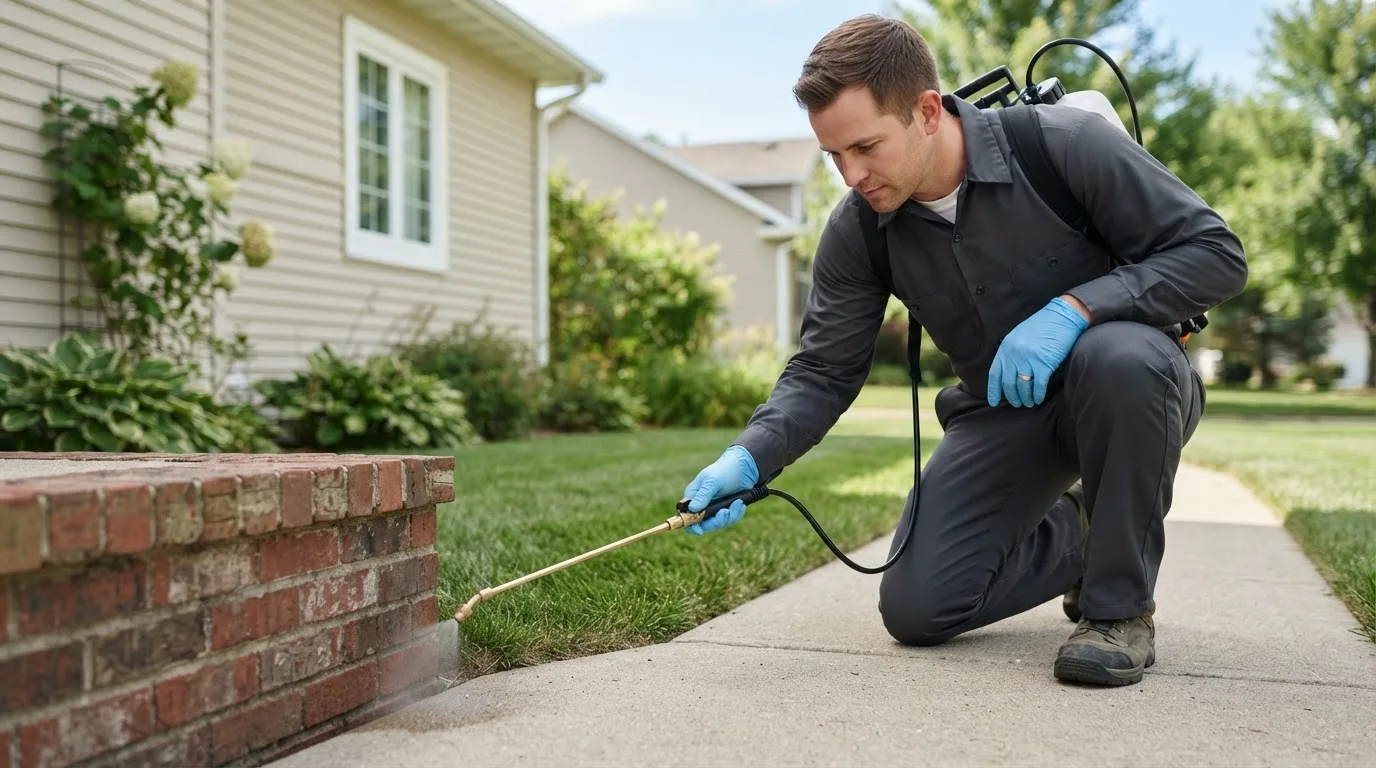 Pest control technician treating a home near North Chili, NY